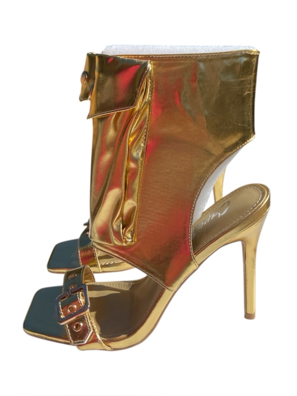 Women’s Gold Metallic Ankle Cuff Heeled Sandals, 8 - Picture 4 of 6